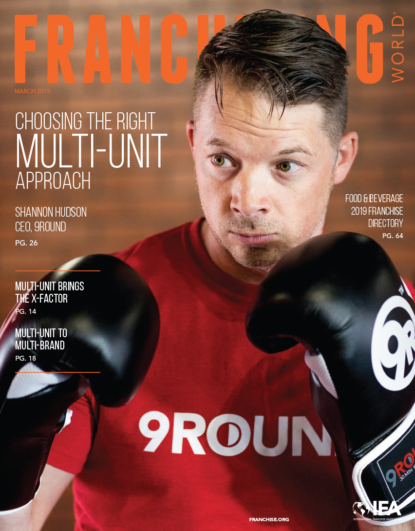 Franchising World March 2019 cover featuring 9Round's Shannon Hudson.